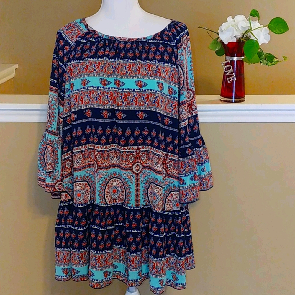 Paisley Vine Boho Turquoise Bell SleeveTunic